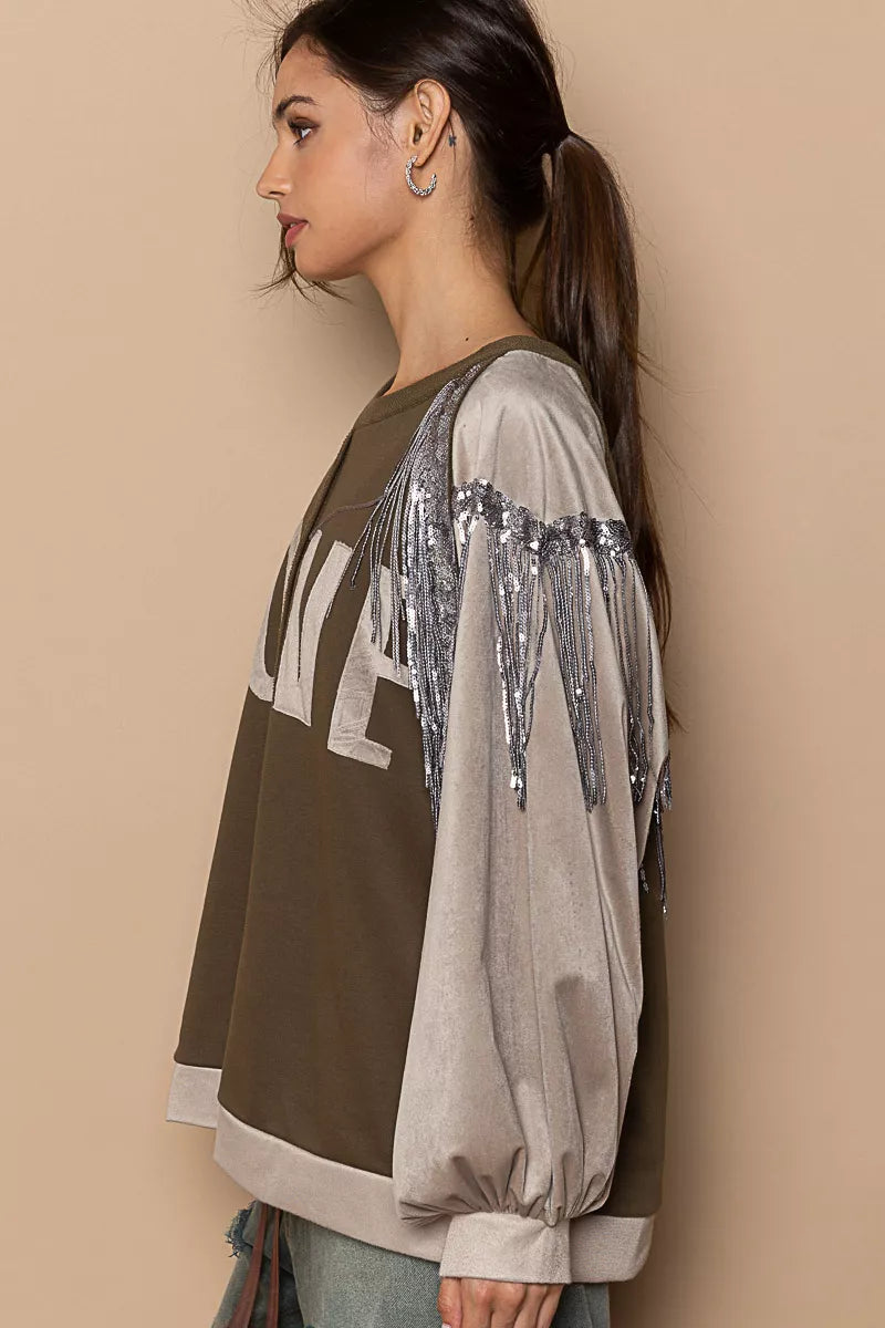 LOVE Balloon Sleeve Sweatshirt with Sequin Tassel