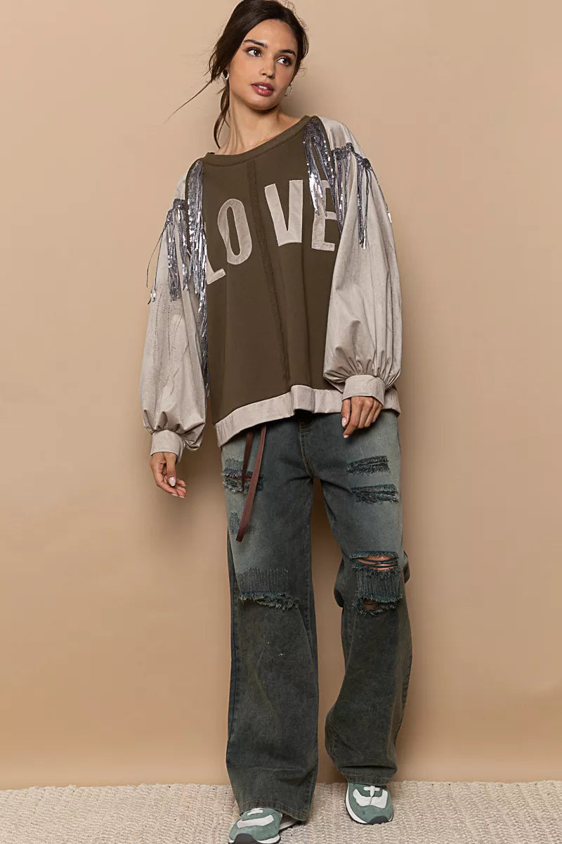 LOVE Balloon Sleeve Sweatshirt with Sequin Tassel