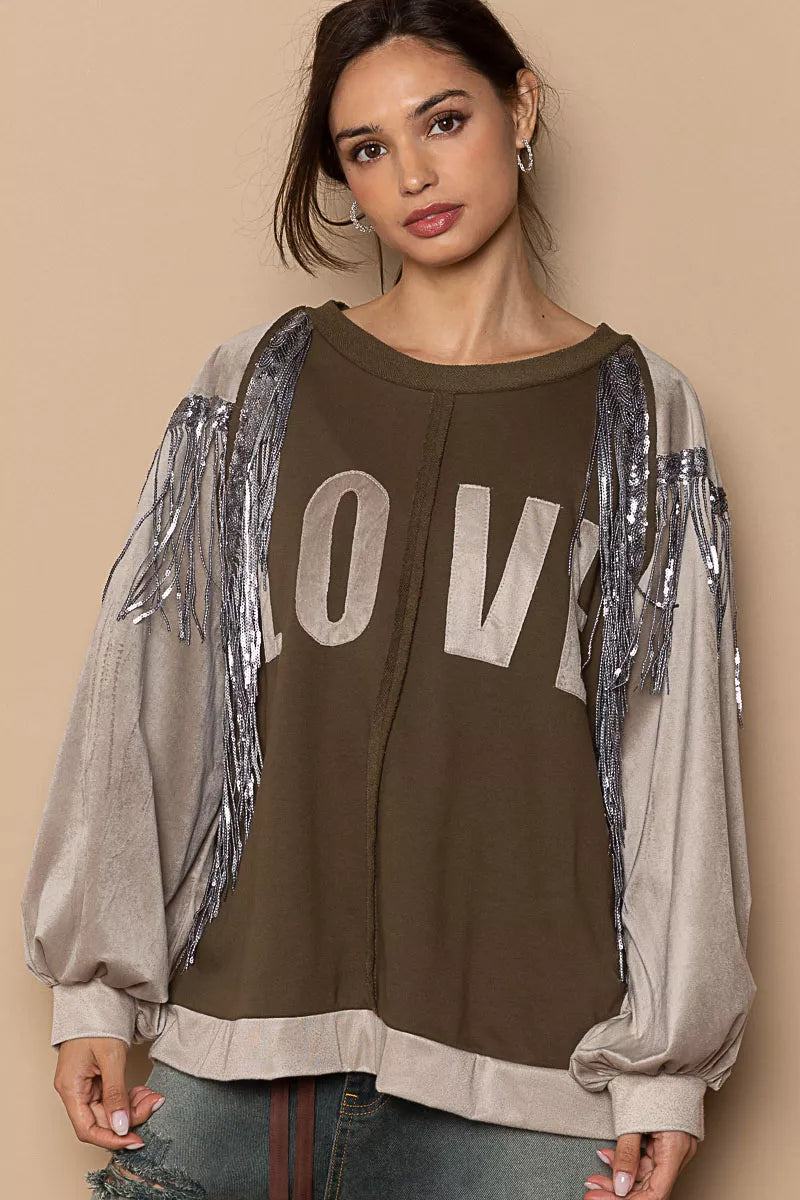LOVE Balloon Sleeve Sweatshirt with Sequin Tassel
