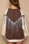 LOVE French Terry Sweatshirt with Sequin Tassel-LOVE balloon sleeve sweatshirt with sequin tassels. French terry pullover with exposed seams, cozy fit, and sparkling LOVE detail for casual chic style.-Reef Love