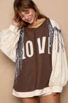 LOVE French Terry Sweatshirt with Sequin Tassel-LOVE balloon sleeve sweatshirt with sequin tassels. French terry pullover with exposed seams, cozy fit, and sparkling LOVE detail for casual chic style.-Reef Love