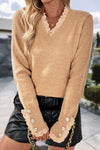 Lace Cuff Button Detail Knit Sweater