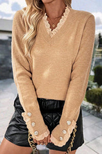 Lace Cuff Button Detail Knit Sweater