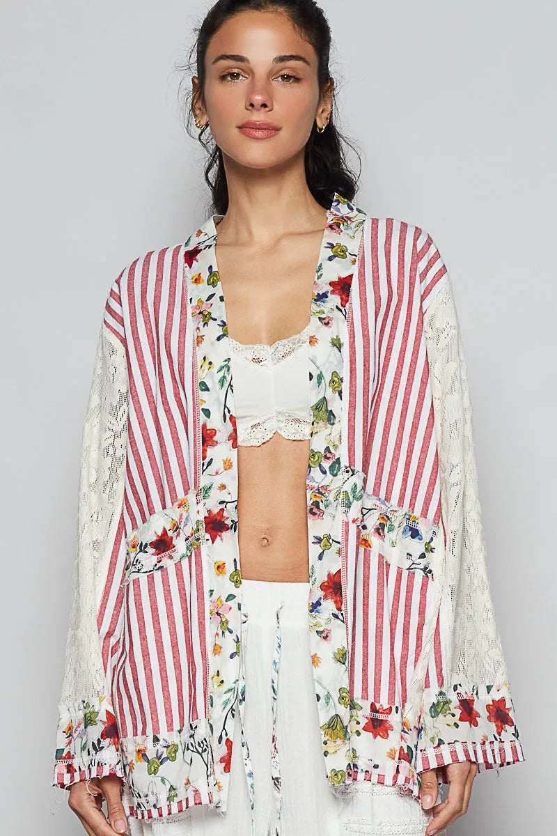 Lace Long Sleeve Striped Cardigan with Floral Patchwork Detail-Reef Love