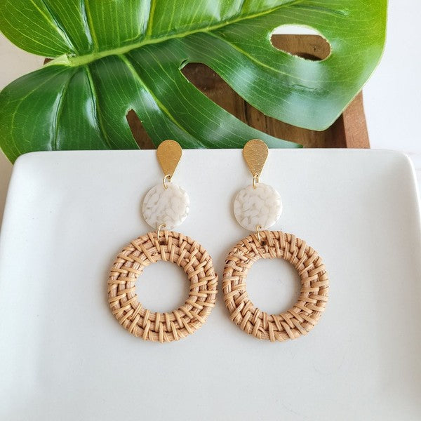 Shop Lana Earrings - Dark Rattan-Dark rattan and gold-accent statement earrings with lightweight acrylic and hypoallergenic posts. Resort-chic style perfect for summer, travel, and everyday glam.-available at Reef Love online boho-chic boutique