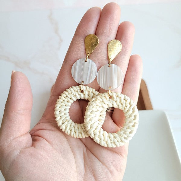 Shop Lana Earrings- Light Rattan-Light rattan statement earrings with gold accents and hypoallergenic posts. Lightweight, resort-chic style perfect for warm-weather outfits and everyday glam.-available at Reef Love online boho-chic boutique