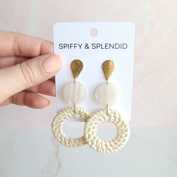 Shop Lana Earrings- Light Rattan-Light rattan statement earrings with gold accents and hypoallergenic posts. Lightweight, resort-chic style perfect for warm-weather outfits and everyday glam.-available at Reef Love online boho-chic boutique