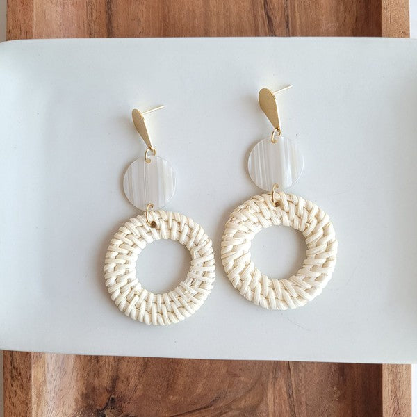 Shop Lana Earrings- Light Rattan-Light rattan statement earrings with gold accents and hypoallergenic posts. Lightweight, resort-chic style perfect for warm-weather outfits and everyday glam.-available at Reef Love online boho-chic boutique