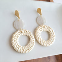 Shop Lana Earrings- Light Rattan-Light rattan statement earrings with gold accents and hypoallergenic posts. Lightweight, resort-chic style perfect for warm-weather outfits and everyday glam.-available at Reef Love online boho-chic boutique
