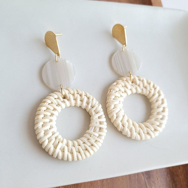 Shop Lana Earrings- Light Rattan-Light rattan statement earrings with gold accents and hypoallergenic posts. Lightweight, resort-chic style perfect for warm-weather outfits and everyday glam.-available at Reef Love online boho-chic boutique