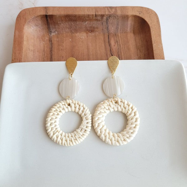 Shop Lana Earrings- Light Rattan-Light rattan statement earrings with gold accents and hypoallergenic posts. Lightweight, resort-chic style perfect for warm-weather outfits and everyday glam.-available at Reef Love online boho-chic boutique