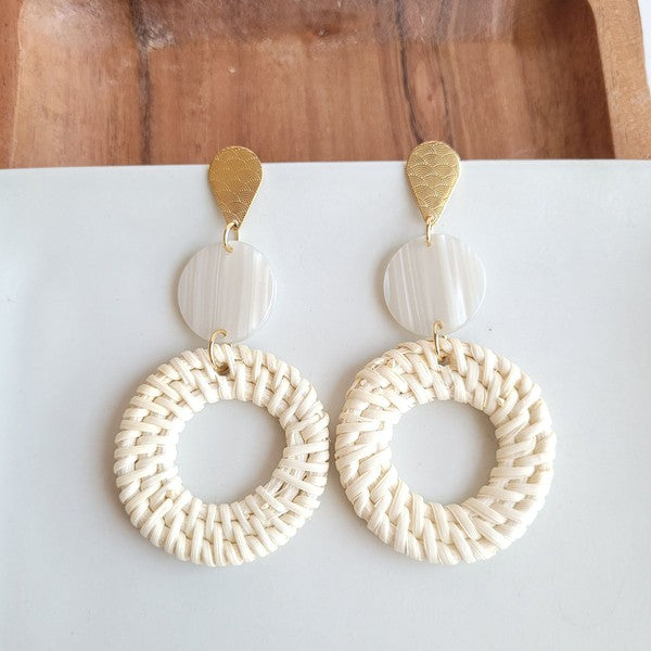 Shop Lana Earrings- Light Rattan-Light rattan statement earrings with gold accents and hypoallergenic posts. Lightweight, resort-chic style perfect for warm-weather outfits and everyday glam.-available at Reef Love online boho-chic boutique