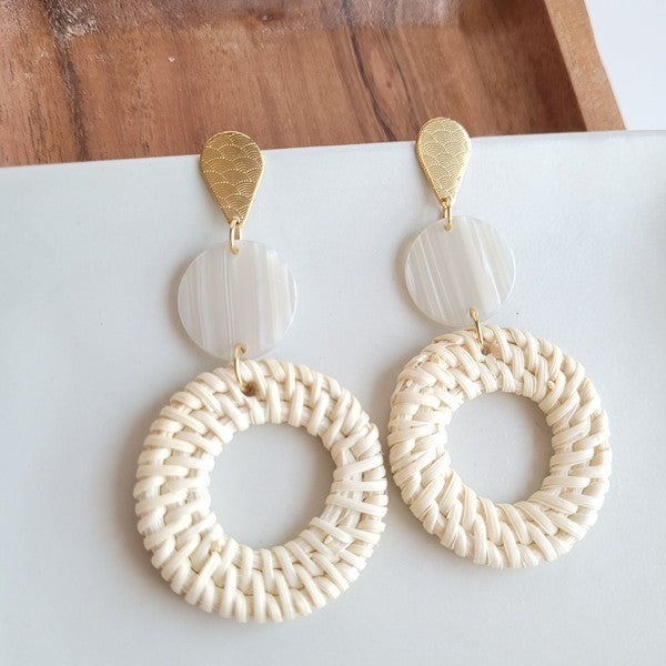 Shop Lana Earrings- Light Rattan-Light rattan statement earrings with gold accents and hypoallergenic posts. Lightweight, resort-chic style perfect for warm-weather outfits and everyday glam.-available at Reef Love online boho-chic boutique