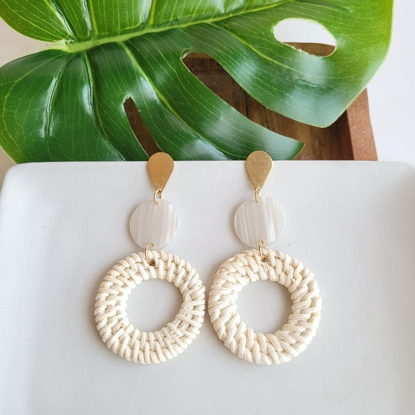 Shop Lana Earrings- Light Rattan-Light rattan statement earrings with gold accents and hypoallergenic posts. Lightweight, resort-chic style perfect for warm-weather outfits and everyday glam.-available at Reef Love online boho-chic boutique