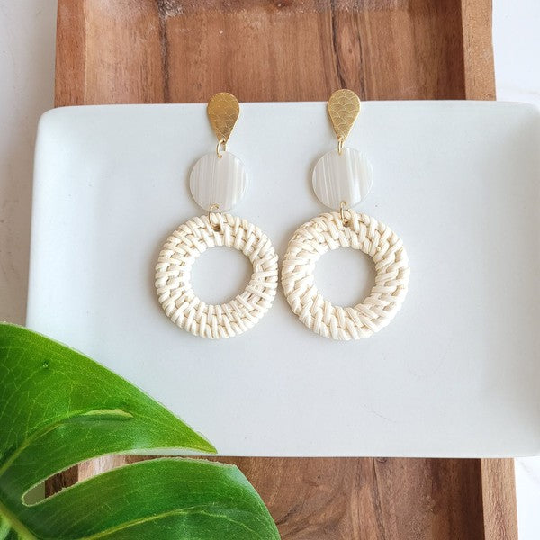 Shop Lana Earrings- Light Rattan-Light rattan statement earrings with gold accents and hypoallergenic posts. Lightweight, resort-chic style perfect for warm-weather outfits and everyday glam.-available at Reef Love online boho-chic boutique