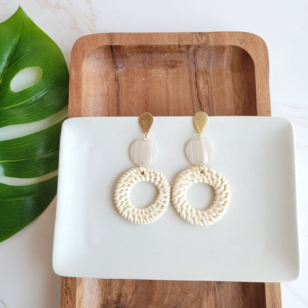 Shop Lana Earrings- Light Rattan-Light rattan statement earrings with gold accents and hypoallergenic posts. Lightweight, resort-chic style perfect for warm-weather outfits and everyday glam.-available at Reef Love online boho-chic boutique