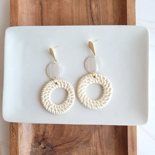 Shop Lana Earrings- Light Rattan-Light rattan statement earrings with gold accents and hypoallergenic posts. Lightweight, resort-chic style perfect for warm-weather outfits and everyday glam.-available at Reef Love online boho-chic boutique