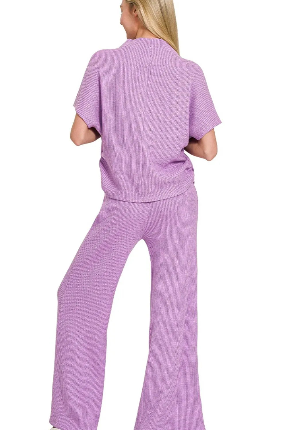 Lavender Sweater Mock Neck Top & Long Pants Lounge Set-Lavender sweater mock neck top & pants set. Ribbed knit two-piece outfit with oversized top and wide-leg pants in soft rayon-blend fabric for chic comfort.-Reef Love