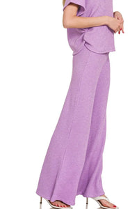 Lavender Sweater Mock Neck Top & Long Pants Lounge Set-Lavender sweater mock neck top & pants set. Ribbed knit two-piece outfit with oversized top and wide-leg pants in soft rayon-blend fabric for chic comfort.-Reef Love