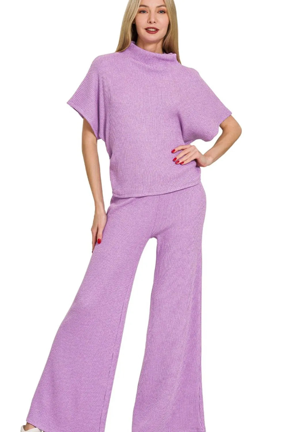 Lavender Sweater Mock Neck Top & Long Pants Lounge Set-Lavender sweater mock neck top & pants set. Ribbed knit two-piece outfit with oversized top and wide-leg pants in soft rayon-blend fabric for chic comfort.-Reef Love