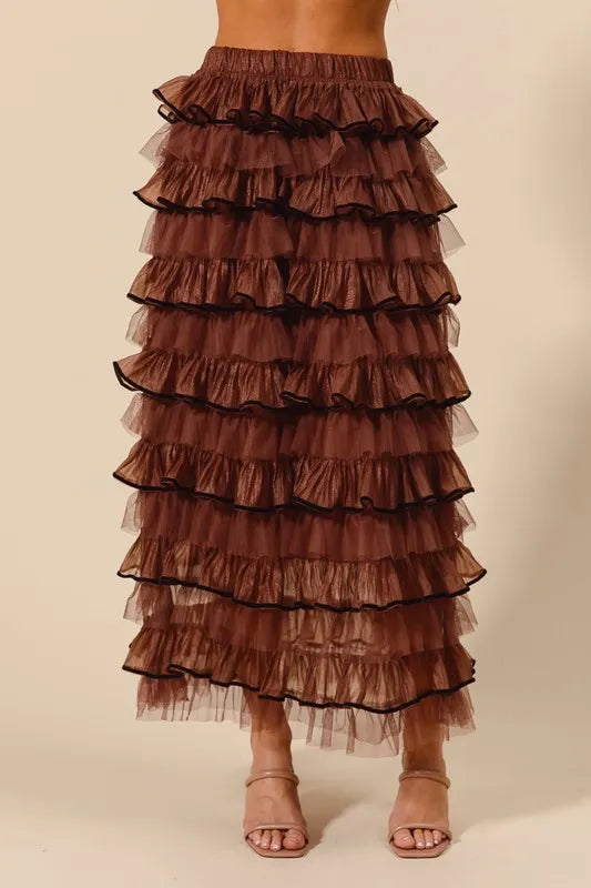 Layered Ruffled Tulle Maxi Skirt, Mocha