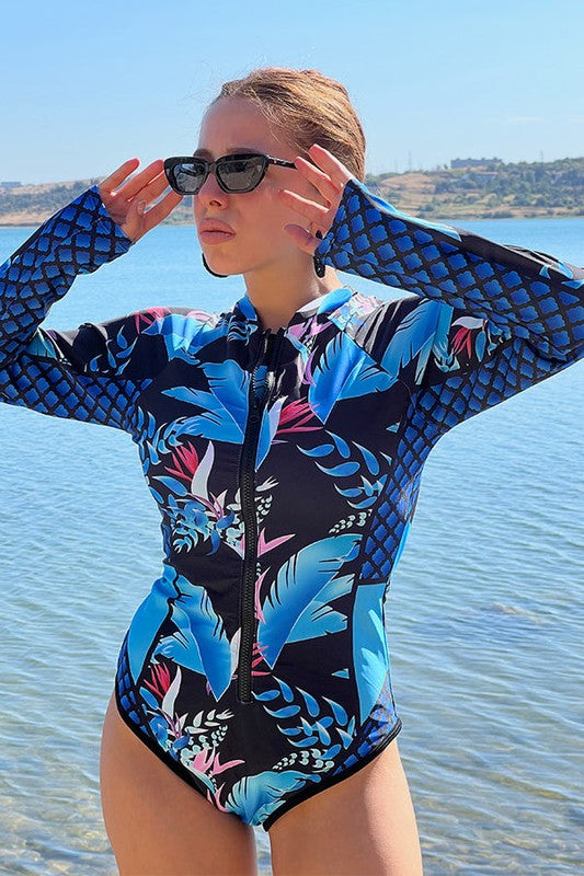 Leaf Printed Long Sleeve Half Zip UPF 50 Rash Guard- Boho Chic Styles by Reef Love