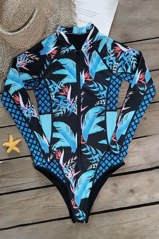 Leaf Printed Long Sleeve Half Zip UPF 50 Rash Guard- Boho Chic Styles by Reef Love
