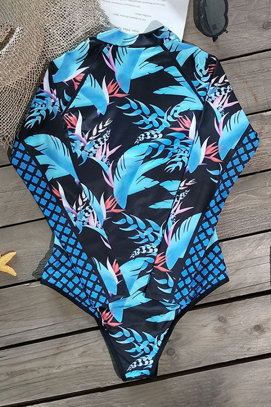 Leaf Printed Long Sleeve Half Zip UPF 50 Rash Guard- Boho Chic Styles by Reef Love