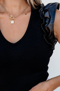 Leatherette Ruffle Sleeve Bodysuit