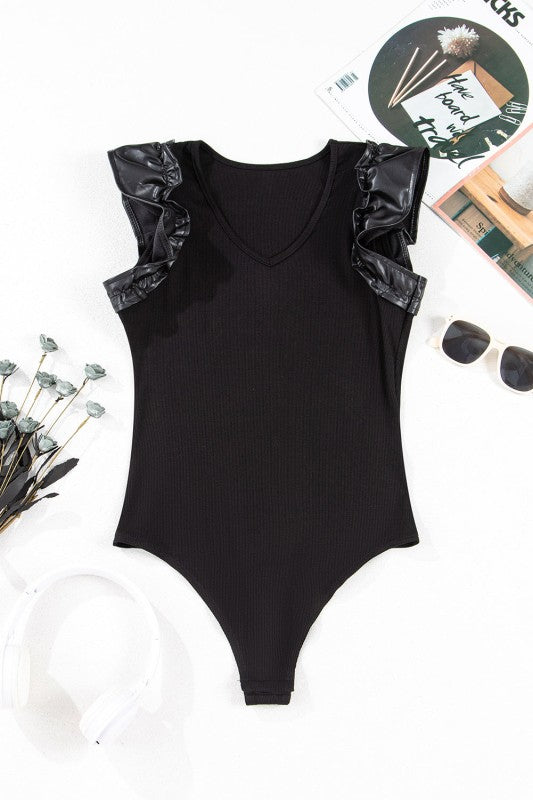Leatherette Ruffle Sleeve Bodysuit
