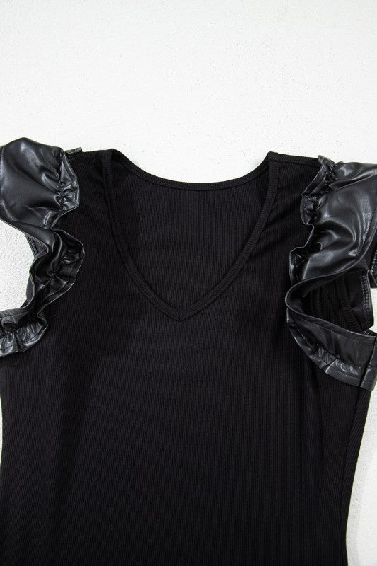 Leatherette Ruffle Sleeve Bodysuit