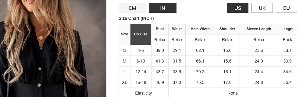 size guide for Leia Dress