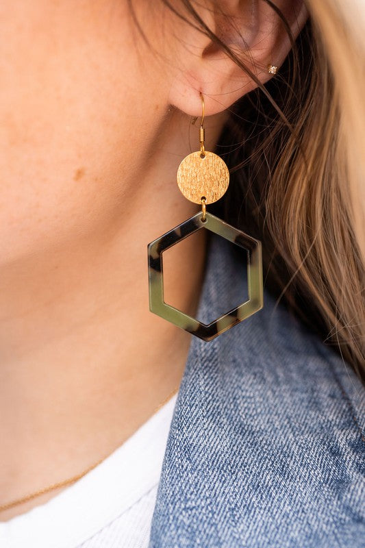 Lennox Earrings - Olive Tortoise-Lennox Earrings - Olive Tortoise with cut-out hexagon charms paired perfectly with gold accents. 18k gold-plated, hypoallergenic stainless steel hooks.