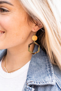 Lennox Earrings - Olive Tortoise-Lennox Earrings - Olive Tortoise with cut-out hexagon charms paired perfectly with gold accents. 18k gold-plated, hypoallergenic stainless steel hooks.
