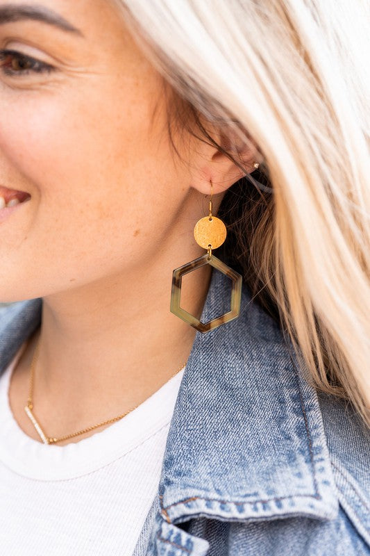 Lennox Earrings - Olive Tortoise-Lennox Earrings - Olive Tortoise with cut-out hexagon charms paired perfectly with gold accents. 18k gold-plated, hypoallergenic stainless steel hooks.