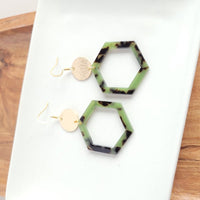 Lennox Earrings - Olive Tortoise-Lennox Earrings - Olive Tortoise with cut-out hexagon charms paired perfectly with gold accents. 18k gold-plated, hypoallergenic stainless steel hooks.