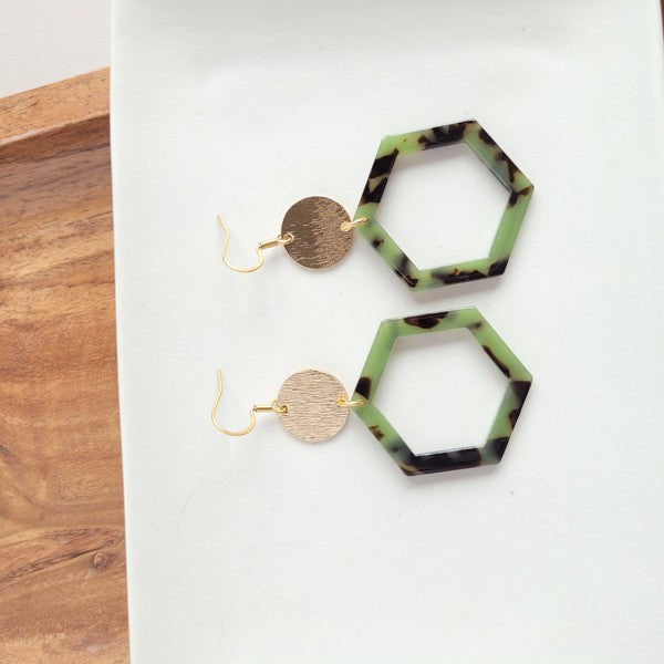 Lennox Earrings - Olive Tortoise-Lennox Earrings - Olive Tortoise with cut-out hexagon charms paired perfectly with gold accents. 18k gold-plated, hypoallergenic stainless steel hooks.