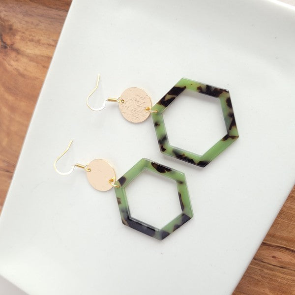 Lennox Earrings - Olive Tortoise-Lennox Earrings - Olive Tortoise with cut-out hexagon charms paired perfectly with gold accents. 18k gold-plated, hypoallergenic stainless steel hooks.