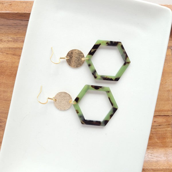 Lennox Earrings - Olive Tortoise-Lennox Earrings - Olive Tortoise with cut-out hexagon charms paired perfectly with gold accents. 18k gold-plated, hypoallergenic stainless steel hooks.