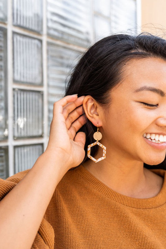 Lennox Earrings - Pumpkin Spice-Lennox Earrings - Pumpkin Spice. cut-out hexagon charms paired perfectly with gold accents. 18k gold-plated hypoallergenic, rust-free, stainless steel hooks.