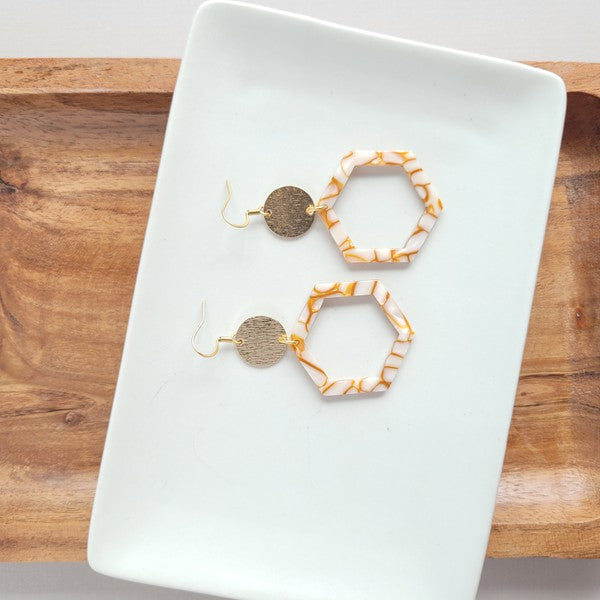 Lennox Earrings - Pumpkin Spice-Lennox Earrings - Pumpkin Spice. cut-out hexagon charms paired perfectly with gold accents. 18k gold-plated hypoallergenic, rust-free, stainless steel hooks.