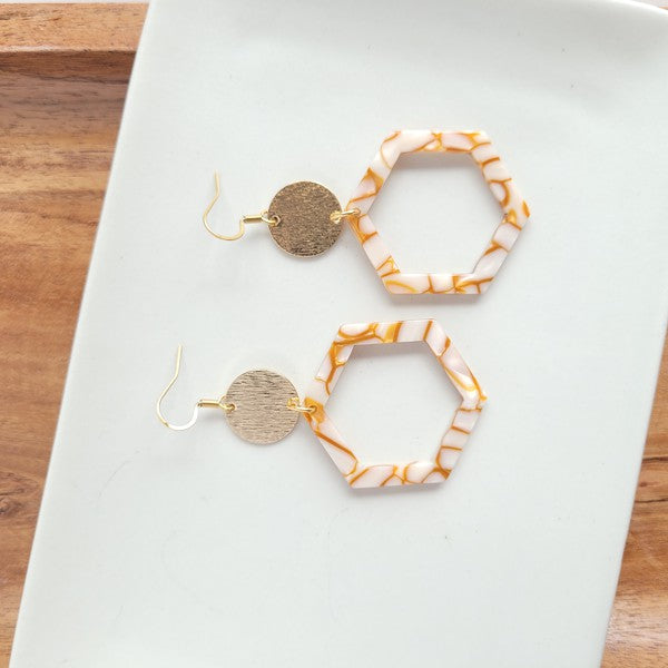 Lennox Earrings - Pumpkin Spice-Lennox Earrings - Pumpkin Spice. cut-out hexagon charms paired perfectly with gold accents. 18k gold-plated hypoallergenic, rust-free, stainless steel hooks.