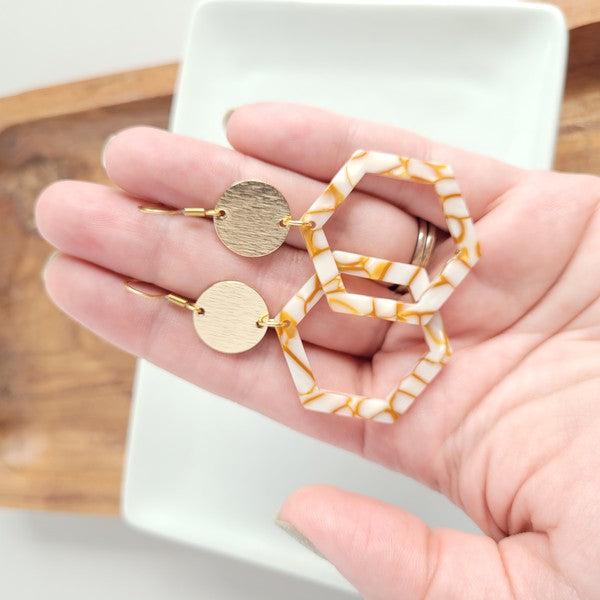 Lennox Earrings - Pumpkin Spice-Lennox Earrings - Pumpkin Spice. cut-out hexagon charms paired perfectly with gold accents. 18k gold-plated hypoallergenic, rust-free, stainless steel hooks.