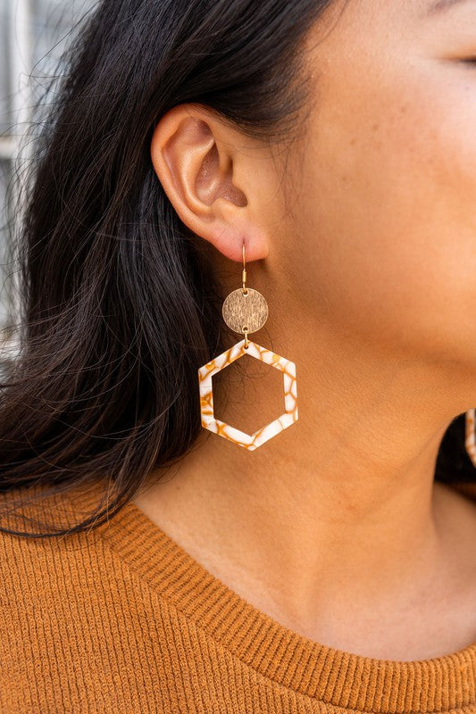 Lennox Earrings - Pumpkin Spice-Lennox Earrings - Pumpkin Spice. cut-out hexagon charms paired perfectly with gold accents. 18k gold-plated hypoallergenic, rust-free, stainless steel hooks.
