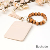 Leopard Beaded Key Ring Wallet Bracelet-Leopard beaded key ring bracelet with wallet, tassel, and card slots. Hands-free style for errands, travel, and everyday essentials.-Reef Love