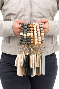 Leopard Beaded Key Ring Wallet Bracelet-Leopard beaded key ring bracelet with wallet, tassel, and card slots. Hands-free style for errands, travel, and everyday essentials.-Reef Love