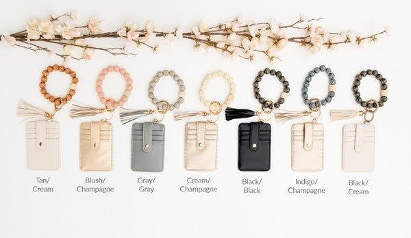 Color options for Leopard beaded key ring bracelet with wallet, tassel, and card slots.