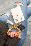 Leopard Beaded Key Ring Wallet Bracelet-Leopard beaded key ring bracelet with wallet, tassel, and card slots. Hands-free style for errands, travel, and everyday essentials.-Reef Love