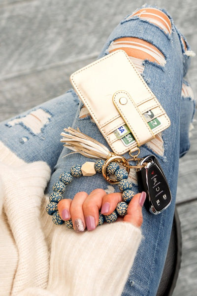 Leopard Beaded Key Ring Wallet Bracelet-Leopard beaded key ring bracelet with wallet, tassel, and card slots. Hands-free style for errands, travel, and everyday essentials.-Reef Love