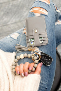 Leopard Beaded Key Ring Wallet Bracelet-Leopard beaded key ring bracelet with wallet, tassel, and card slots. Hands-free style for errands, travel, and everyday essentials.-Reef Love